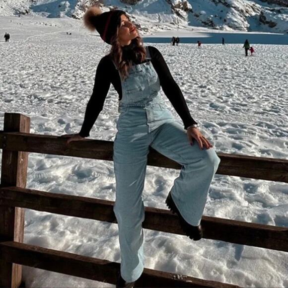 Zara Raw Hem Straight Leg Denim Dungarees Jumpsuit Overalls Light Blue Wash M - Picture 1 of 14